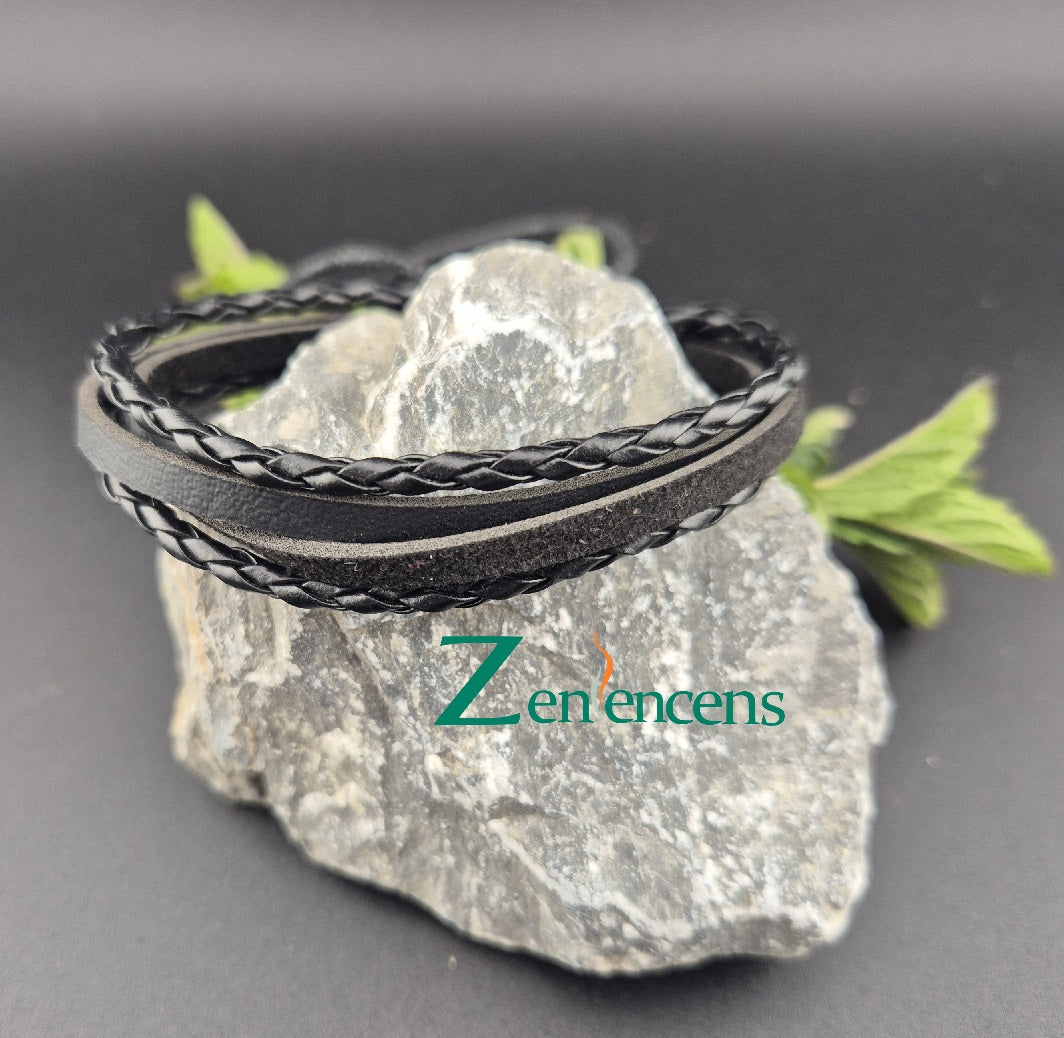 Bracelet en cuir Plat et Tresse Noir