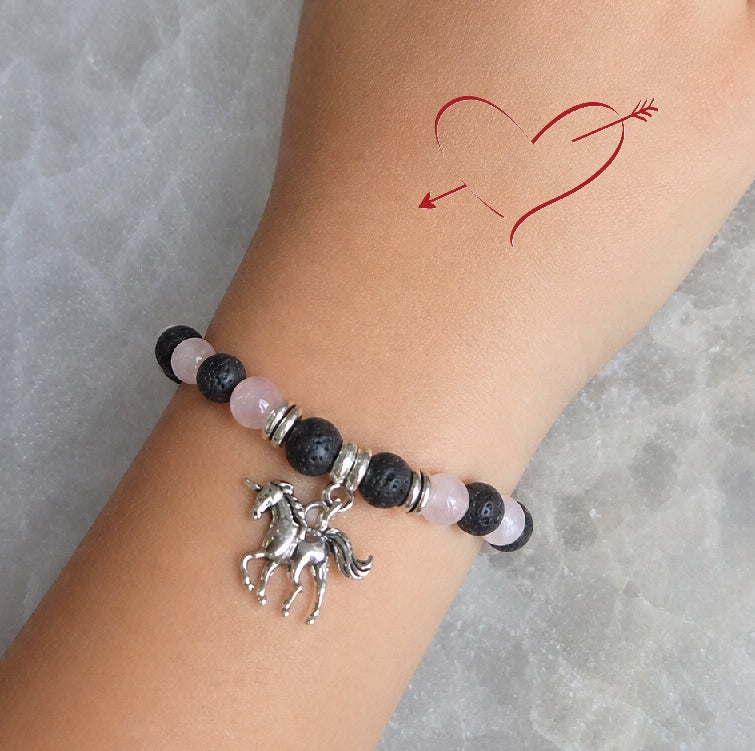 Bracelet Enfant en Pierre de Lave et Quartz Rose avec Licorne