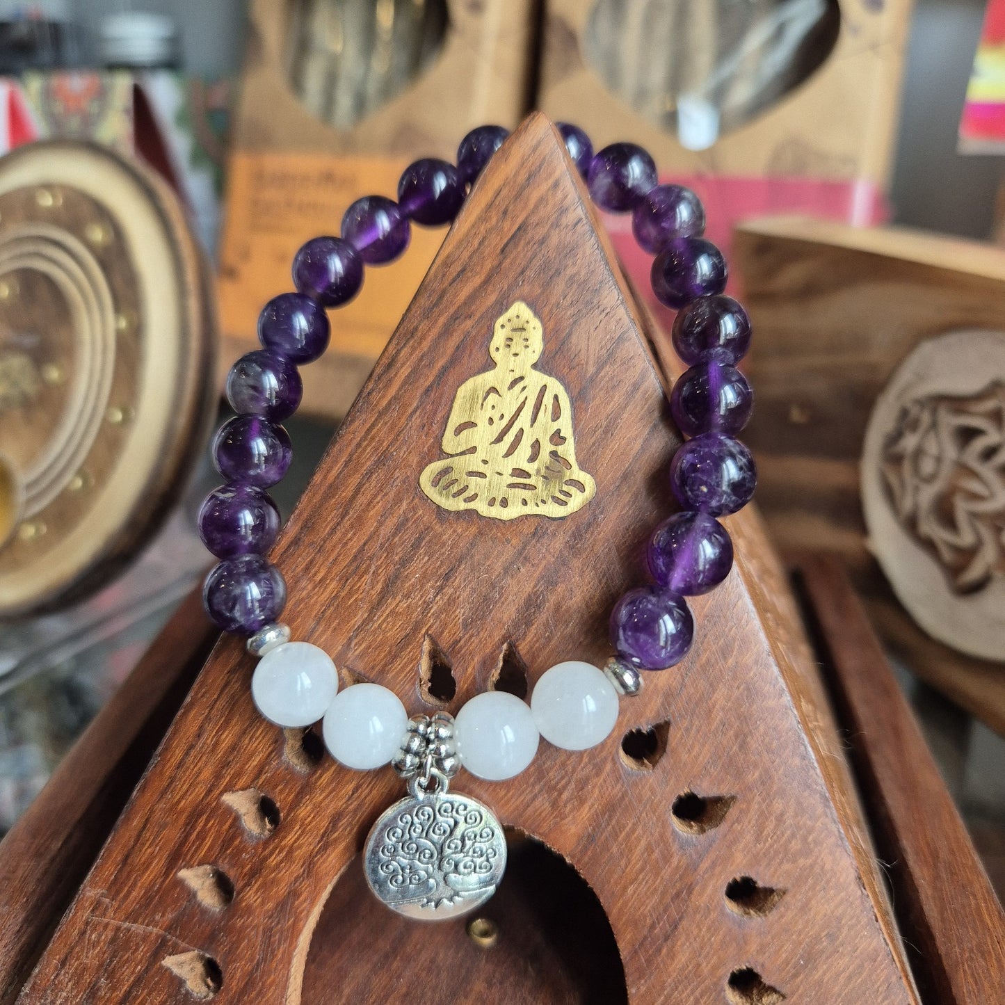 Bracelet Amethyste, Jade Blanc et Arbre de Vie