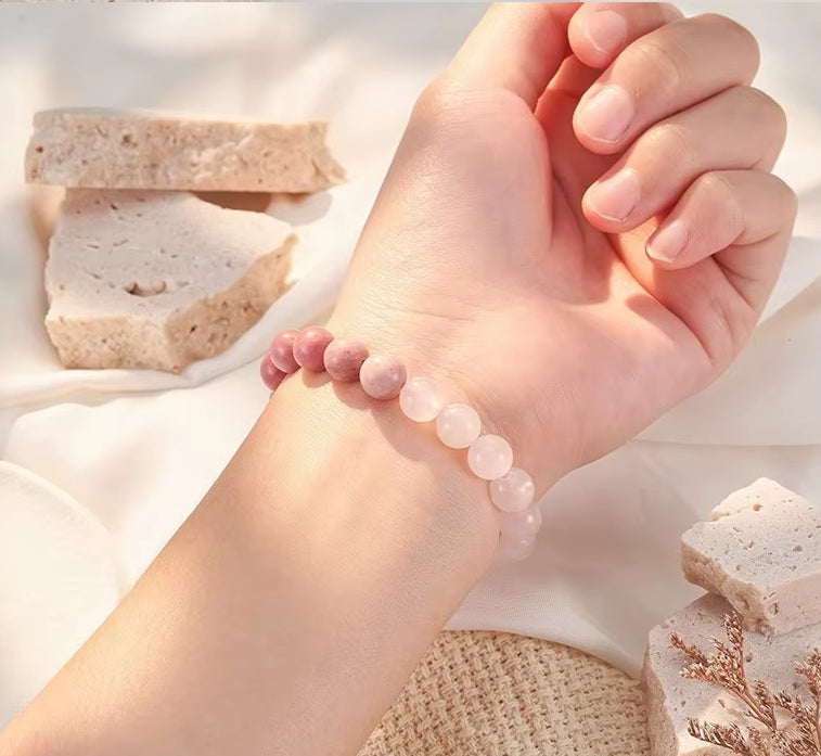 Bracelet rose Quartz et Rhodonite avec Coeur
