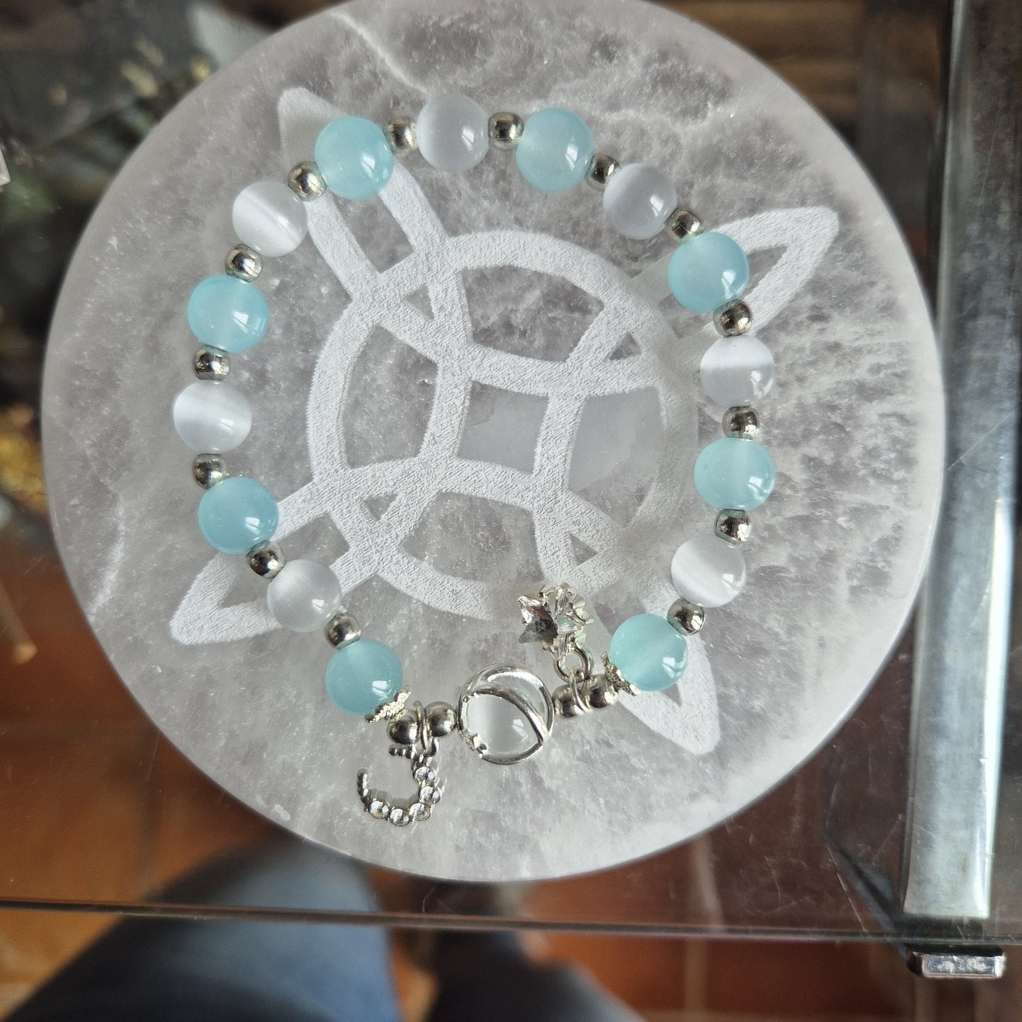 Bracelet avec Lune et Etoile avec Strass Blanc Turquoise