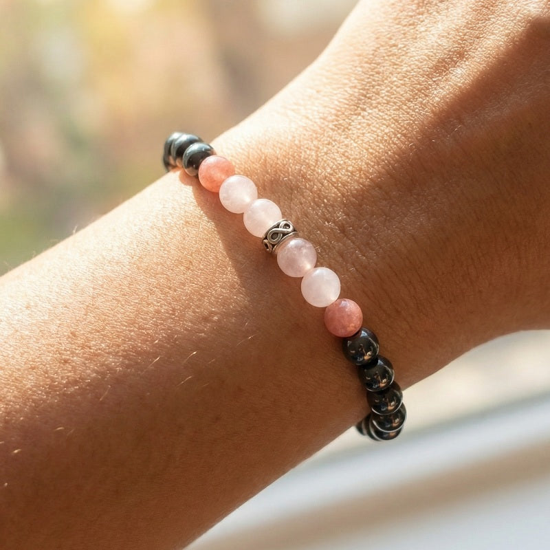Bracelet Obsidienne, Quartz Rose, Hematite - 6mm