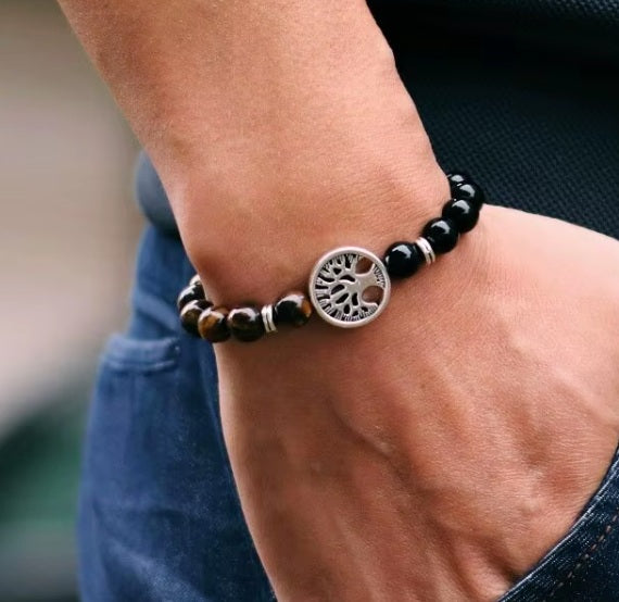 Bracelet Oeil de Tigre et Obsidienne & Arbre de Vie