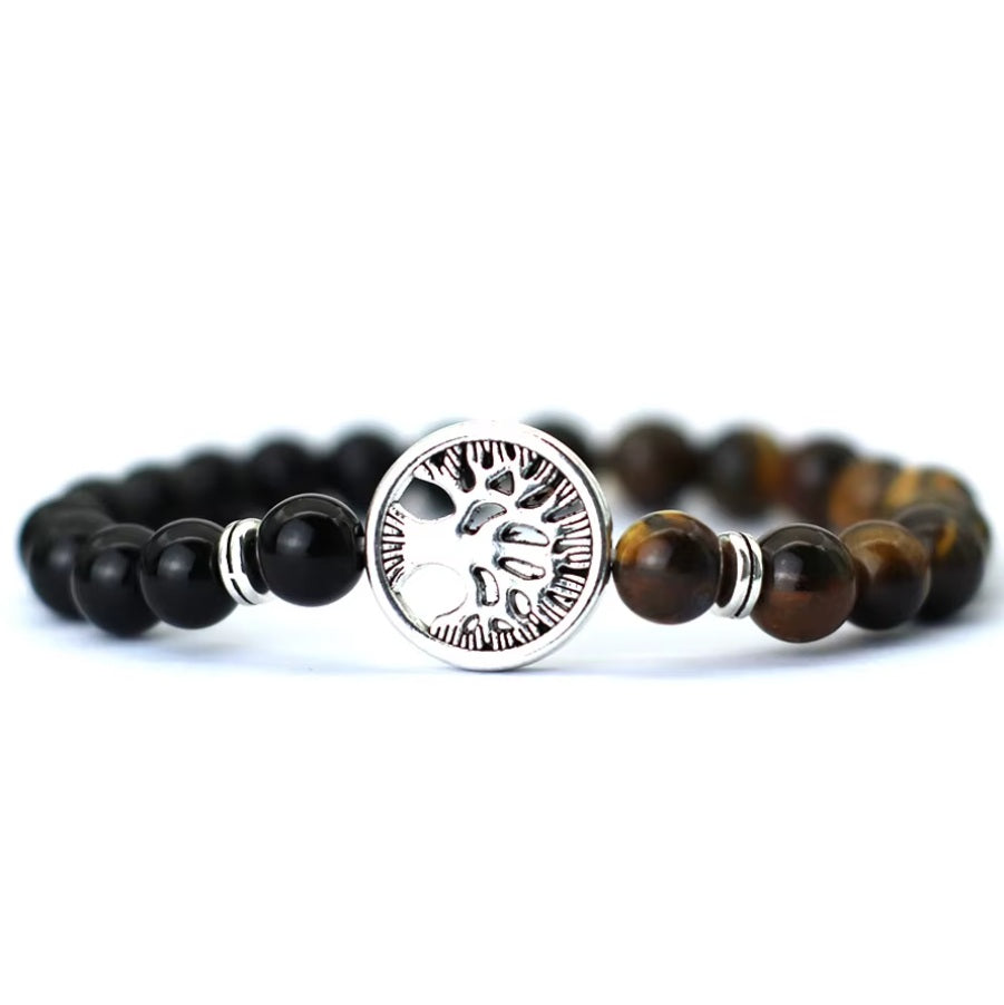 Bracelet Oeil de Tigre et Obsidienne & Arbre de Vie