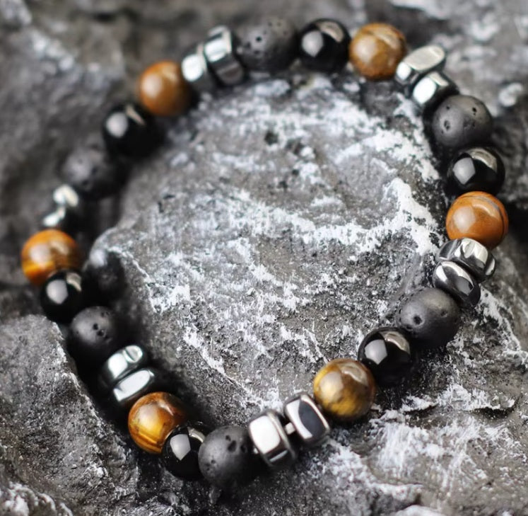 Bracelet Onyx, Oeil de Tigre et Hematite