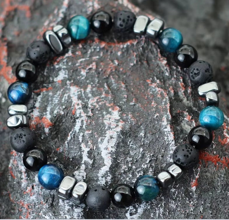 Bracelet Onyx Oeil de Tigre Bleu et Hematite