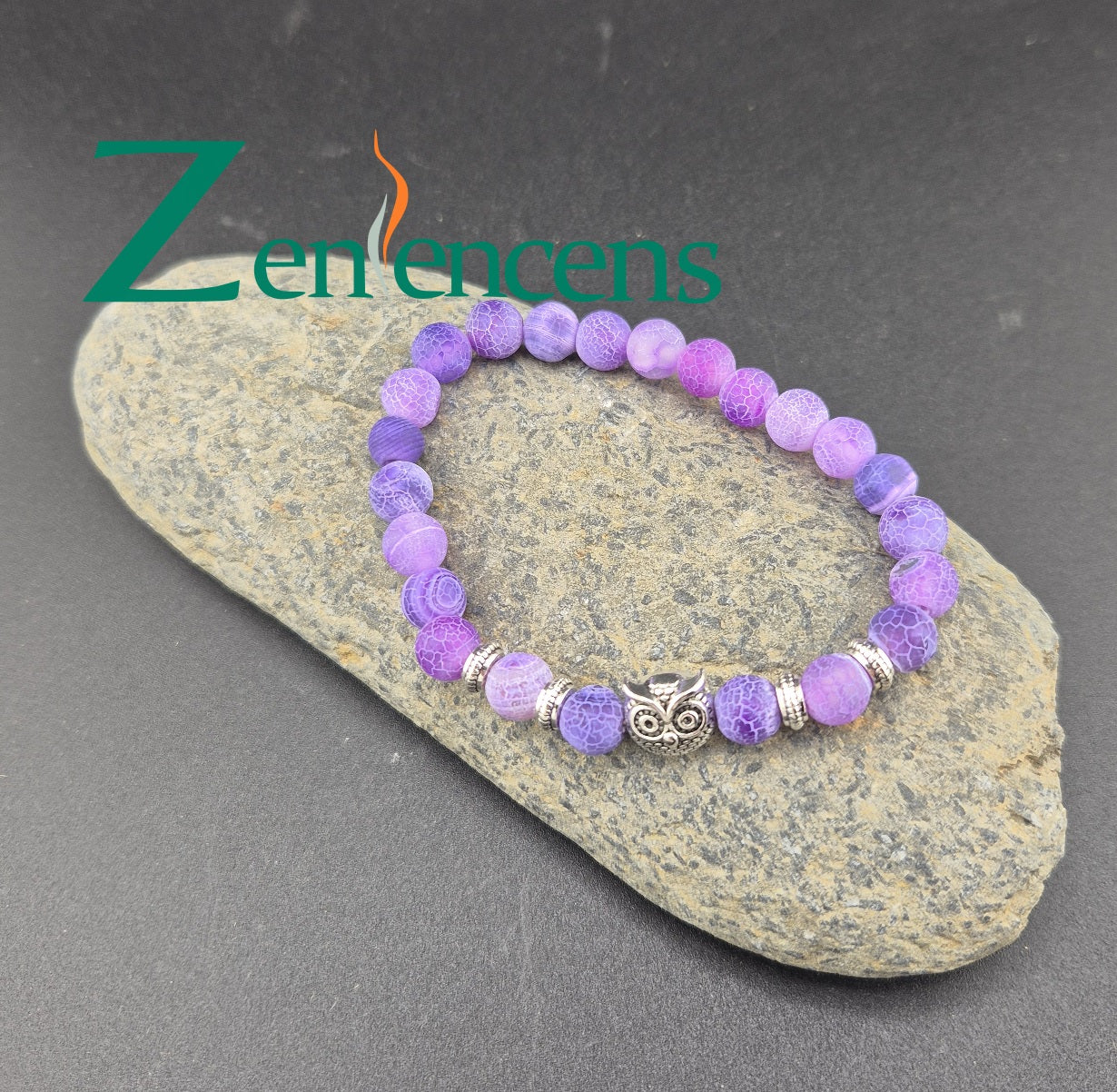 Bracelet en Pierre Agate Weathered Violette et Hibou