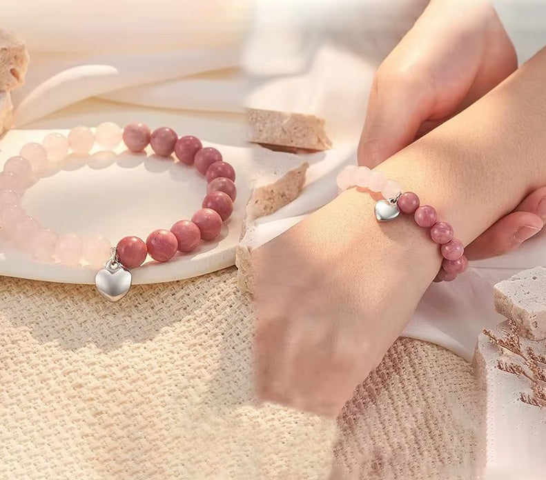 Bracelet rose Quartz et Rhodonite avec Coeur
