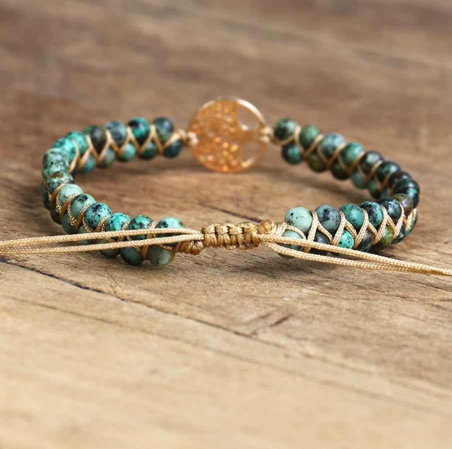 Bracelet Pierre Naturelle Tressé en Turqoise Africaine Dore