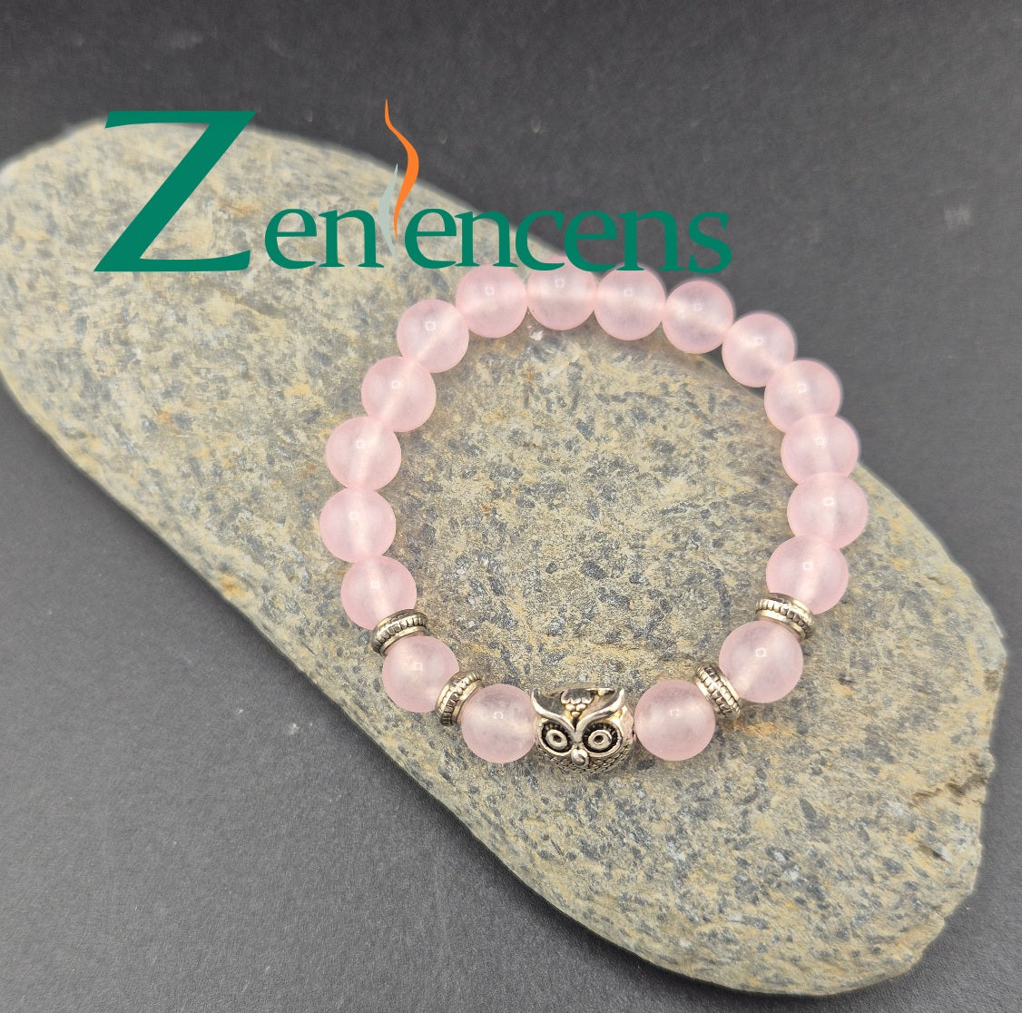 Bracelet en Pierre Quartz Rose et Hibou