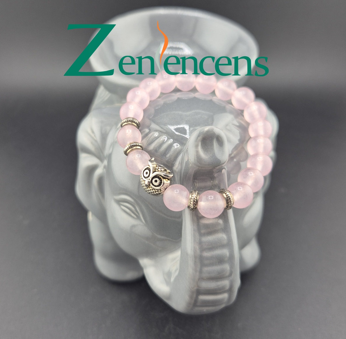Bracelet en Pierre Quartz Rose et Hibou