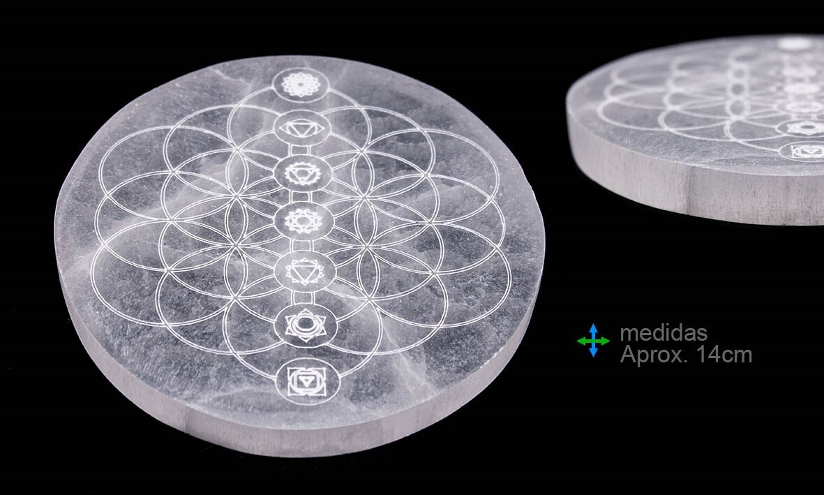 Plaque de Sélénite Fleur de Vie et 7 Chakras 14cm - Zenencens