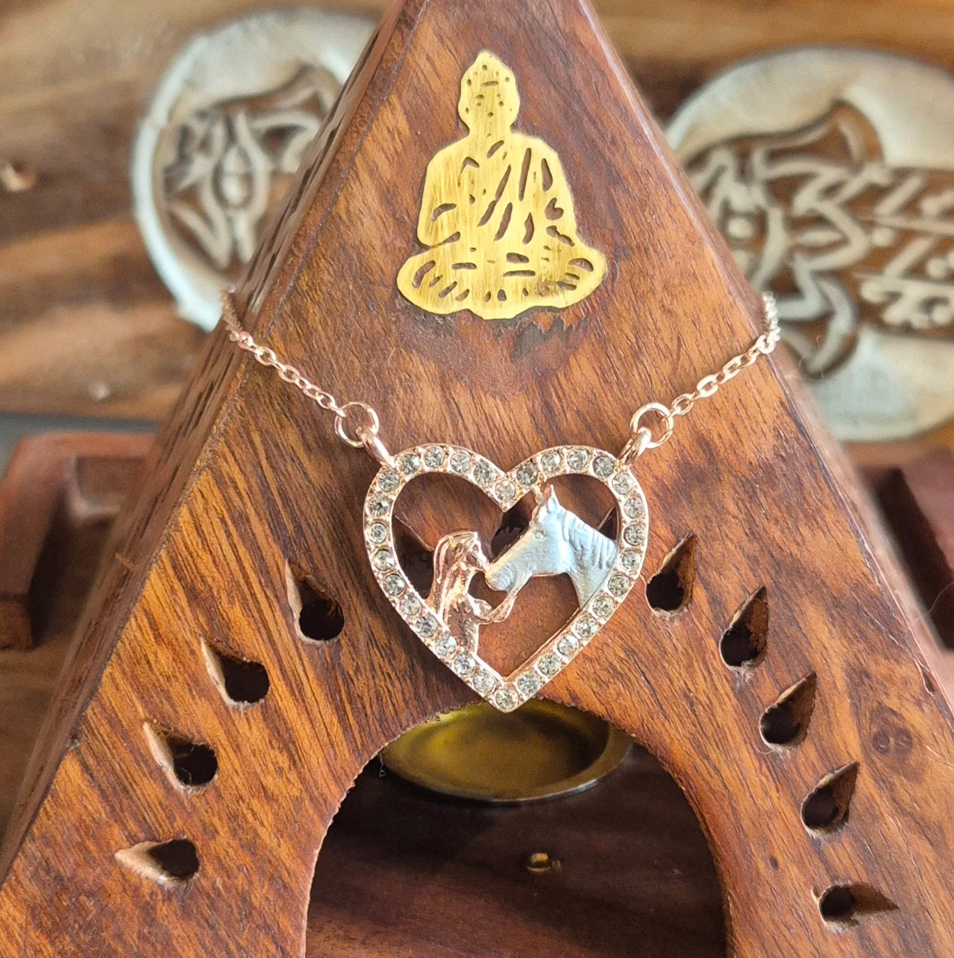Pendentif Cœur avec Fille et Tête de Cheval et Strass Rose doré - Zenencens
