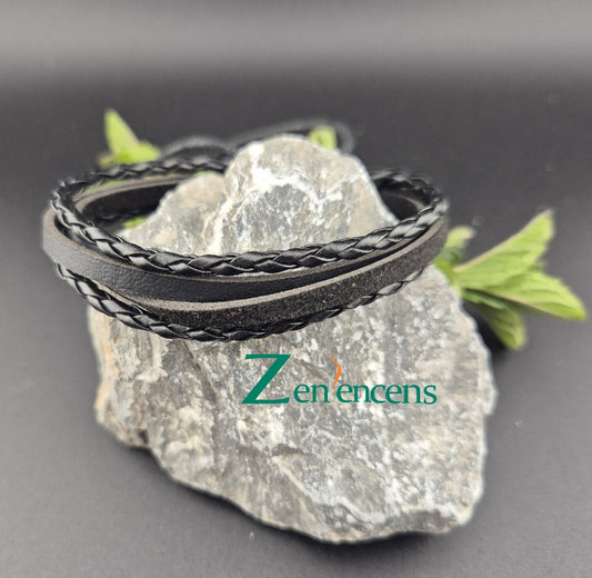 Bracelet en cuir Plat et Tresse Noir