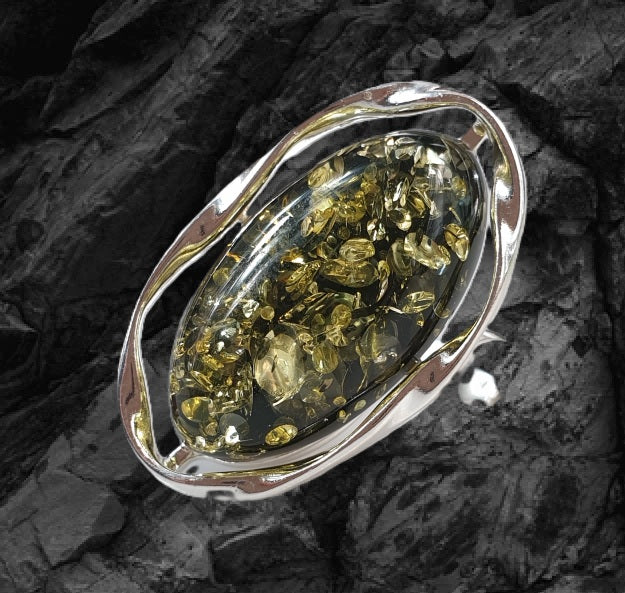 Bague Ambre Vert Argent