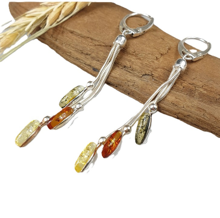 Boucles d'Oreilles Pendantes Ambre Tricolores