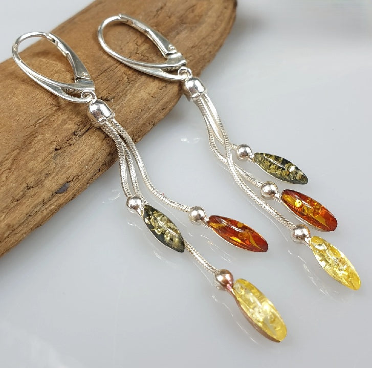 Boucles d'Oreilles Pendantes Ambre Tricolores