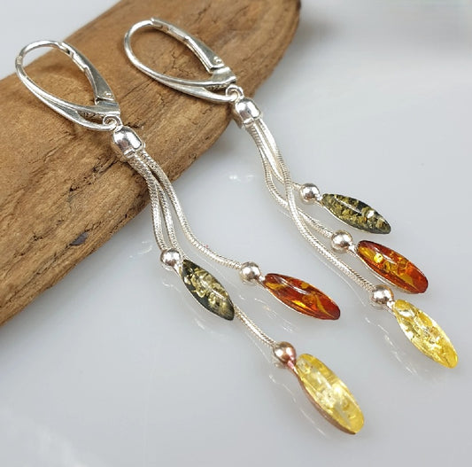 Boucles d'Oreilles Pendantes Ambre Tricolores