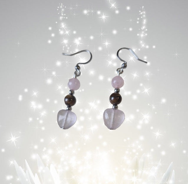 Boucle D'oreilles Quartz Rose Coeur et Oeil de Tigre