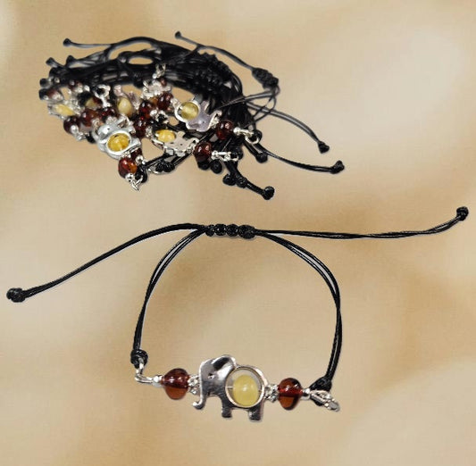 Bracelet Ambre Elephant en Corde Noir
