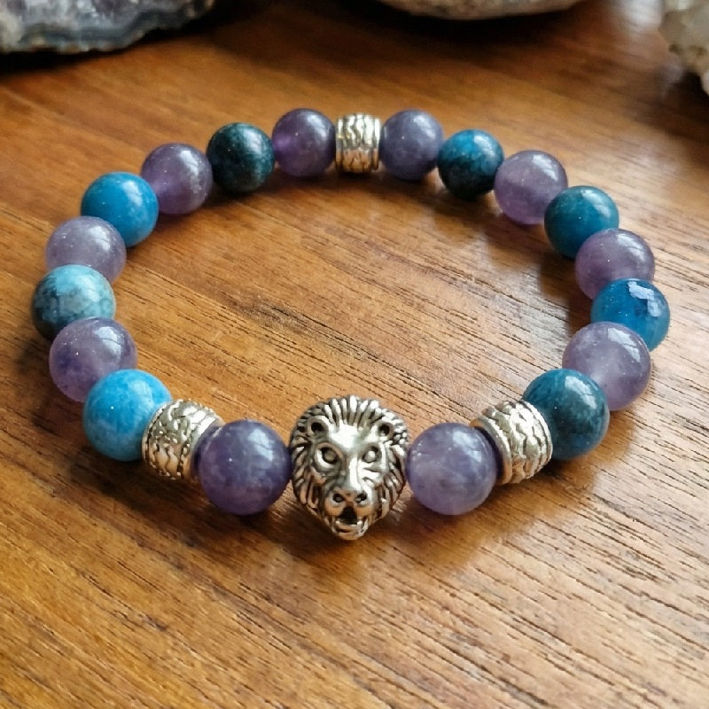 Bracelet Enfant Agate Gris et Apatite avec Lion