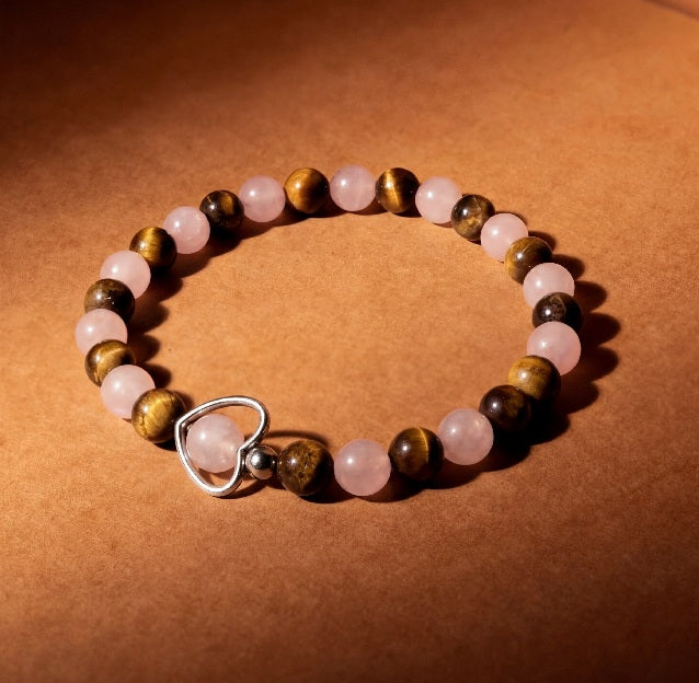 Bracelet Quartz Rose, Oeil de Tigre et Couer