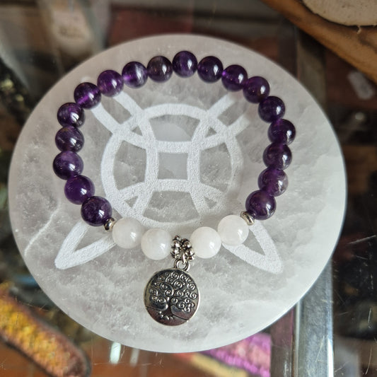 Bracelet Amethyste, Jade Blanc et Arbre de Vie