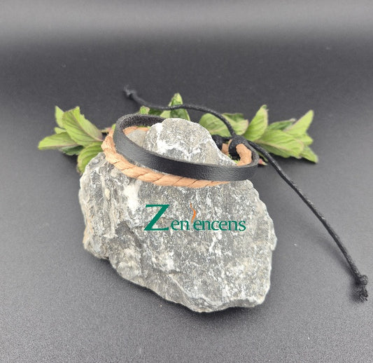 Bracelet en Cuir Noir et Ficelle