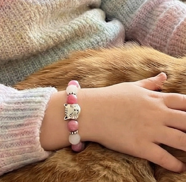 Bracelet Enfant Jade Cerise et Blanc et Chat