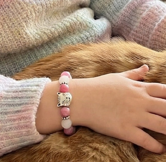 Bracelet Enfant Jade Cerise et Blanc et Chat
