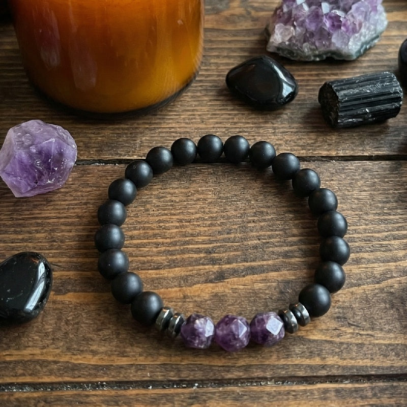 Bracelet Élastique en Onyx 8mm Améthyste et Hematite