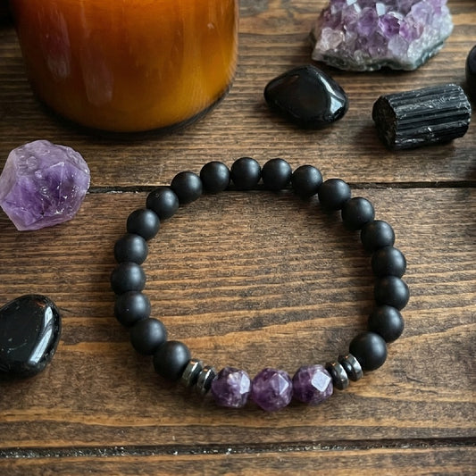 Bracelet Élastique en Onyx 8mm Améthyste et Hematite