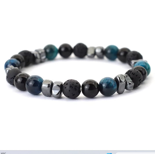 Bracelet Onyx Oeil de Tigre Bleu et Hematite