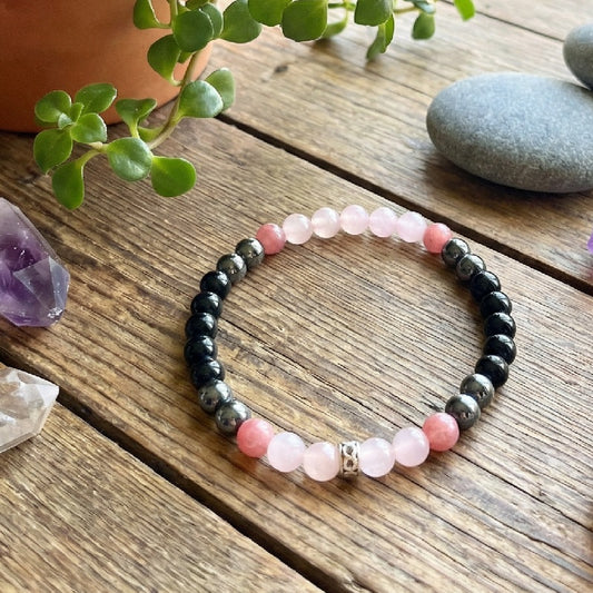 Bracelet Obsidienne, Quartz Rose, Hematite - 6mm