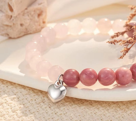 Bracelet rose Quartz et Rhodonite avec Coeur