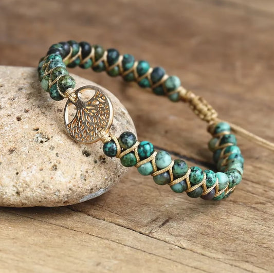 Bracelet Pierre Naturelle Tressé en Turqoise Africaine Dore