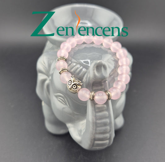 Bracelet en Pierre Quartz Rose et Hibou