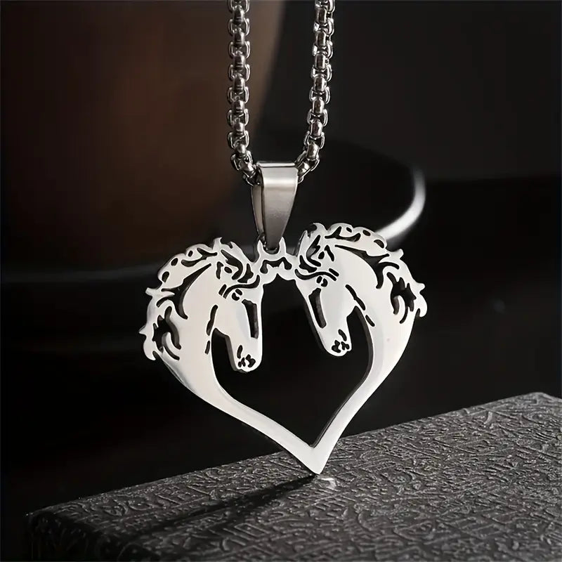 Collier 2 Tetes de Cheval en Coeur