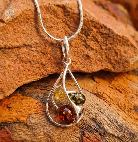 Pendentif Ambre Vert Tricolore en Argent