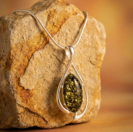 Pendentif Ambre Vert Goutte en Argent