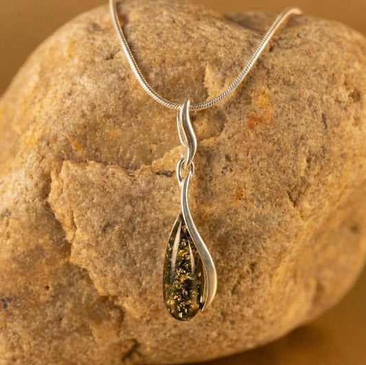 Pendentif Ambre Vert Delicate en Argent