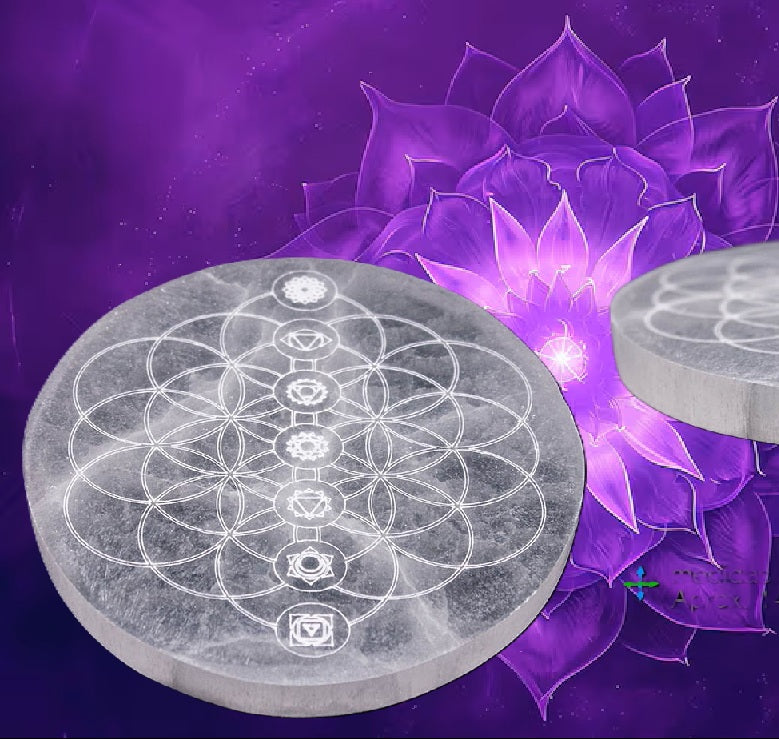 Plaque de Sélénite Fleur de Vie et 7 Chakras 14cm - Zenencens