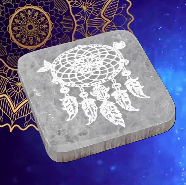Plaque de Sélénite Attrape-Rêves Carrée 10cm - Zenencens