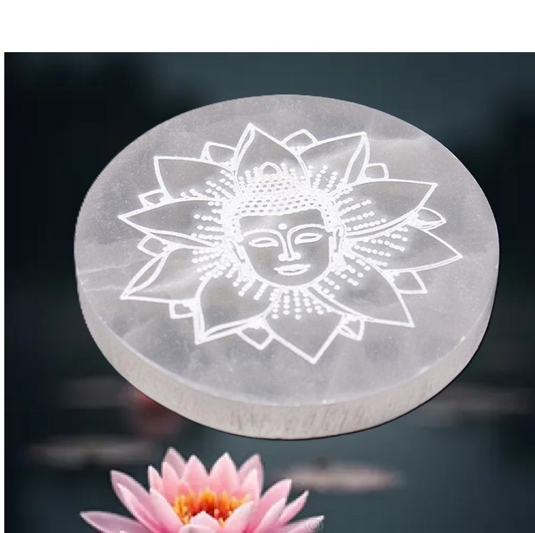 Plaque de Sélénite Lotus et Boudddha - Zenencens