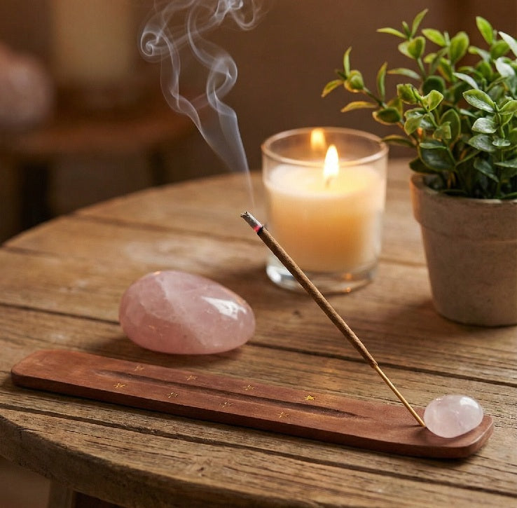 Porte-Encens en Bois avec Galet Rose Quartz