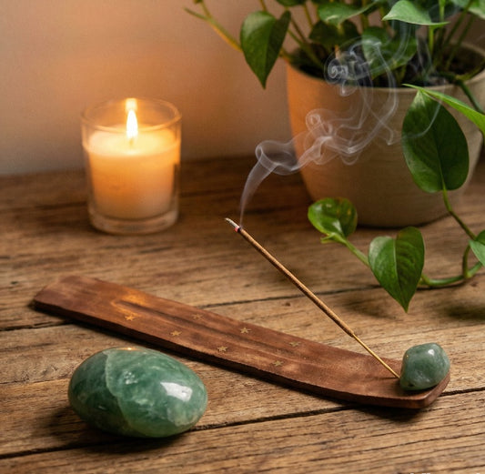 Porte-Encens en Bois avec Galet Vert Quartz