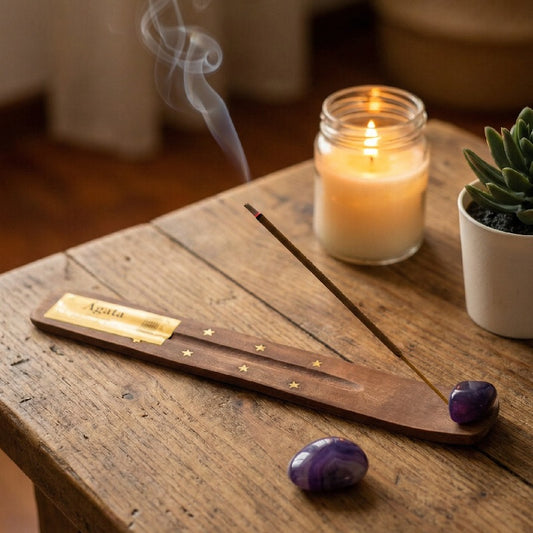 Porte-Encens en Bois avec Pierre de Agate Violet