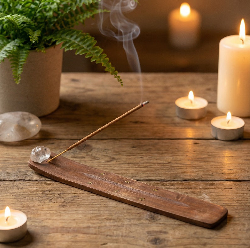 Porte-Encens en Bois avec Galet Cristal Blanc