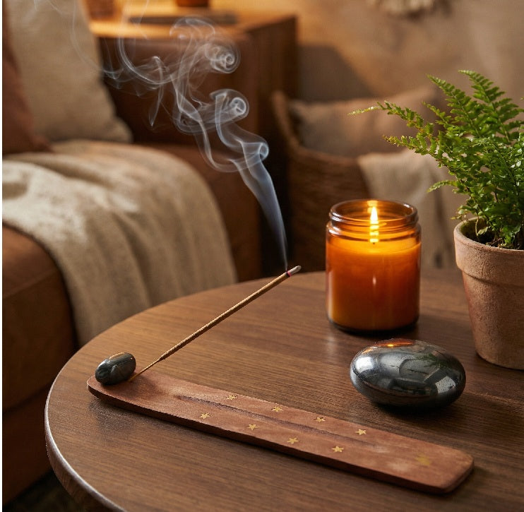 Porte-Encens en Bois avec Galet Hematite