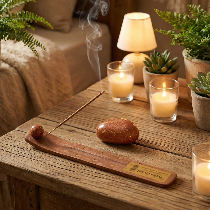 Porte-Encens en Bois avec Pierre de Sable Doré